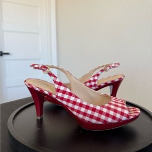 Gingham Red Peep-Toe Slingback Heels by Aubrey Lynn Size 8.5